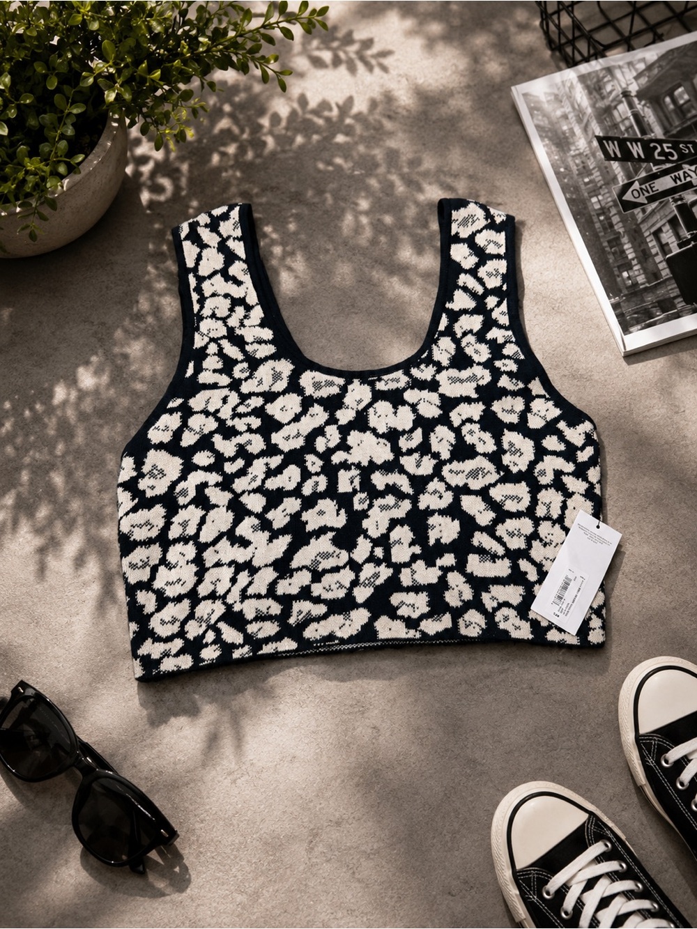 Cropped Tank Top with Cream Leopard Knit
